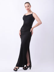 Gaiia Cowl Neck Ruched Maxi Gown - Black