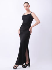 Gaiia Cowl Neck Ruched Maxi Gown - Black
