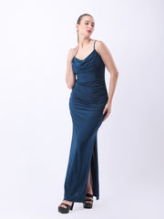 Gaiia Cowl Neck Ruched Maxi Gown - Teal