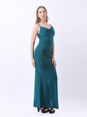 Gaiia Cowl Neck Ruched Maxi Gown - Turquoise
