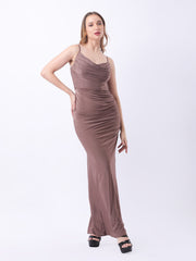 Gaiia Cowl Neck Ruched Maxi Gown - Camel