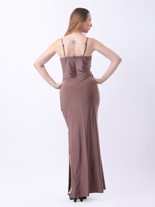 Gaiia Cowl Neck Ruched Maxi Gown - Camel