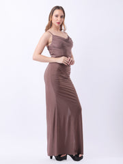 Gaiia Cowl Neck Ruched Maxi Gown - Camel