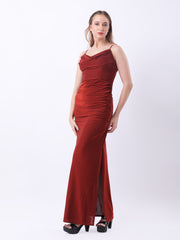 Gaiia Cowl Neck Ruched Maxi Gown - Rust