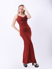 Gaiia Cowl Neck Ruched Maxi Gown - Rust