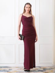 Gaiia Cowl Neck Ruched Maxi Gown - Wine