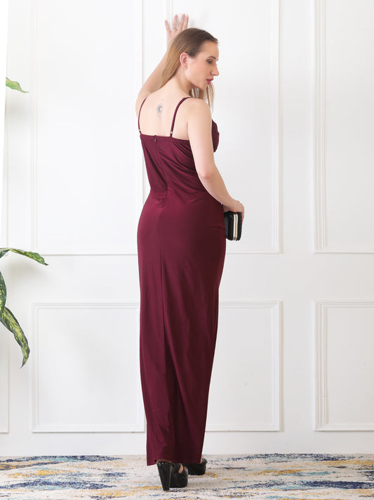 Gaiia Cowl Neck Ruched Maxi Gown - Wine