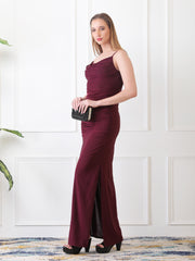 Gaiia Cowl Neck Ruched Maxi Gown - Wine