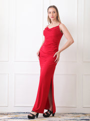 Gaiia Cowl Neck Ruched Maxi Gown - Red