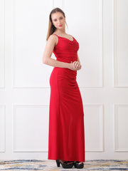 Gaiia Cowl Neck Ruched Maxi Gown - Red