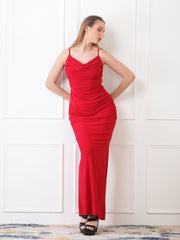 Gaiia Cowl Neck Ruched Maxi Gown - Red