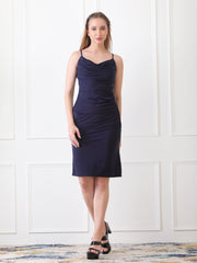 Gaiia Cowl Neck Ruched Sheath Dress - Navy