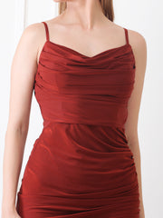 Gaiia Cowl Neck Ruched Sheath Dress - Rust