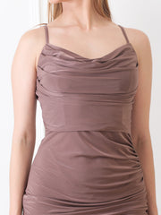 Gaiia Cowl Neck Ruched Sheath Dress - Camel