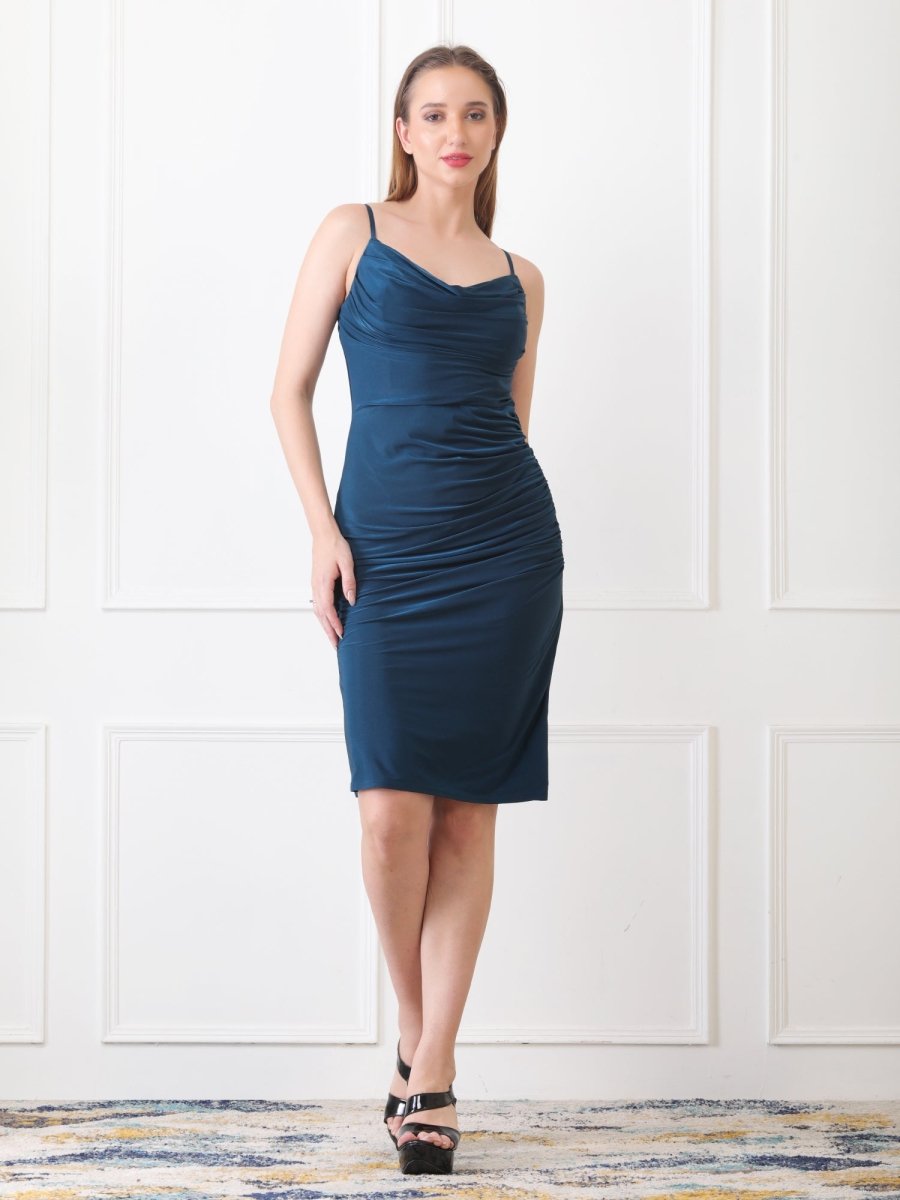 Gaiia Cowl Neck Ruched Sheath Dress - Teal - GAIIA