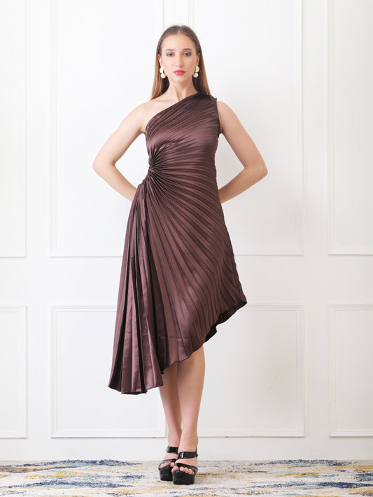 Gaiia Asymmetrical Pleated Dress - Brown
