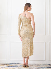Gaiia One-Shoulder Asymmetrical Sequin Dress - Golden