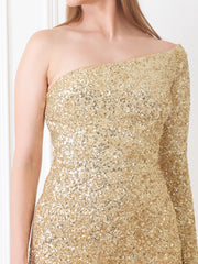 Gaiia One-Shoulder Asymmetrical Sequin Dress - Golden