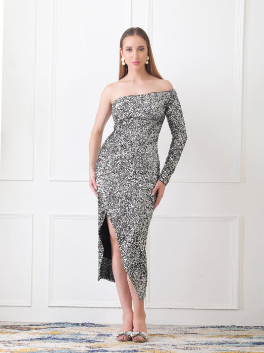 Gaiia One-Shoulder Asymmetrical Sequin Dress - Grey