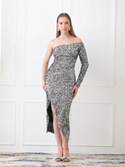 Gaiia One-Shoulder Asymmetrical Sequin Dress - Grey