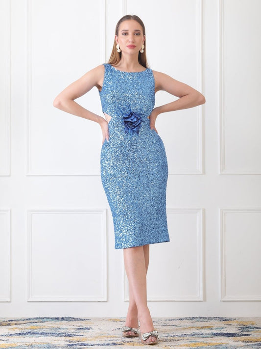 Gaiia Floral Applique Sequin Dress - Blue - GAIIA