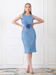 Gaiia Floral Applique Sequin Dress - Blue