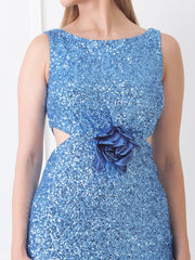 Gaiia Floral Applique Sequin Dress - Blue