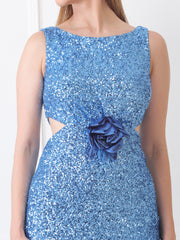 Gaiia Floral Applique Sequin Dress - Blue