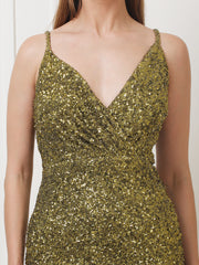 Gaiia Draped Sequin Mini Dress - Golden