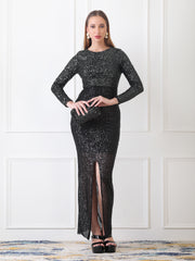 Gaiia Long-Sleeve Sequin Gown With Slit - Black
