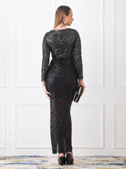Gaiia Long-Sleeve Sequin Gown With Slit - Black