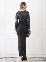 Gaiia Long-Sleeve Sequin Gown With Slit - Black