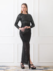 Gaiia Long-Sleeve Sequin Gown With Slit - Black