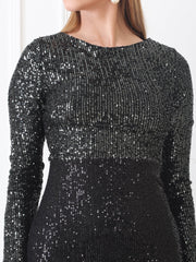 Gaiia Long-Sleeve Sequin Gown With Slit - Black