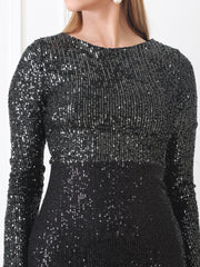 Gaiia Long-Sleeve Sequin Gown With Slit - Black