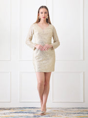 Gaiia Long-Sleeve Sequin Midi Dress With Slit - Golden