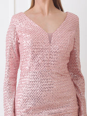 Gaiia Long-Sleeve Sequin Midi Dress With Slit - Baby Pink
