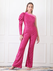 Gaiia One Shoulder Sequin Jumpsuit - Pink