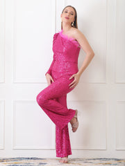 Gaiia One Shoulder Sequin Jumpsuit - Pink