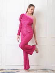 Gaiia One Shoulder Sequin Jumpsuit - Pink