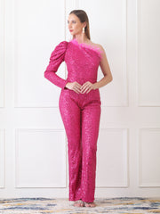 Gaiia One Shoulder Sequin Jumpsuit - Pink