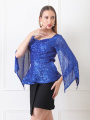 Gaiia Sequin Flare-Sleeve Top - Blue