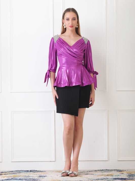 Gaiia Embellished Shoulder Metallic Wrap Top - Purple - GAIIA
