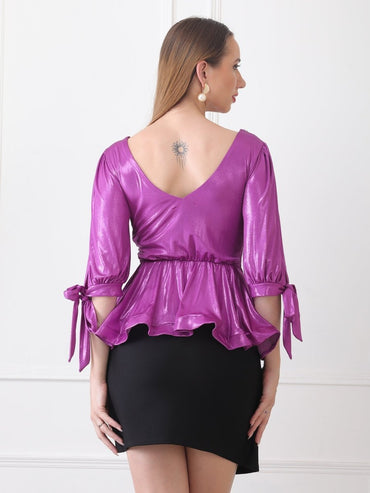 Gaiia Embellished Shoulder Metallic Wrap Top - Purple - GAIIA