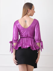 Gaiia Embellished Shoulder Metallic Wrap Top - Purple