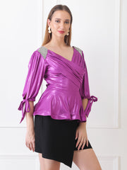 Gaiia Embellished Shoulder Metallic Wrap Top - Purple