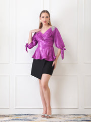 Gaiia Embellished Shoulder Metallic Wrap Top - Purple