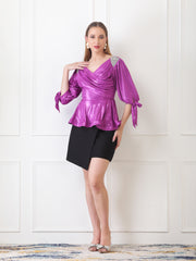 Gaiia Embellished Shoulder Metallic Wrap Top - Purple