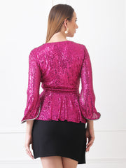 Gaiia Embellished Shoulder Metallic Wrap Top