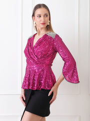 Gaiia Embellished Shoulder Metallic Wrap Top